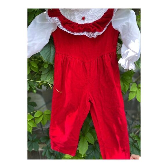 Vintage 80s Red Velvet Corduroy Romper Suit Formal White Lace One Piece Sz 3 - Picture 7 of 14